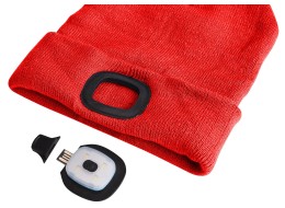 Czapka z czołówką 180 lm, ładowalna, USB, rozmiar uniwersalny, bawełna/PE, czerwona