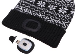 Czapka z czołówką 180 lm, ładowalna, USB, uniwersalny rozmiar, bawełna/PE, zimowa czarna