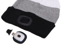 Czapka z czołówką 180 lm, ładowalna, USB, uniwersalny rozmiar, bawełna/PE, czarna/szara/biała