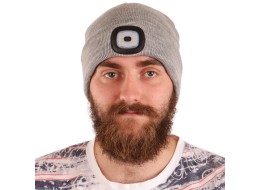 Czapka z czołówką 180 lm, ładowalna, USB, rozmiar uniwersalny, bawełna/PE, jasnoszara