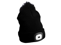 Czapka z czołówką 180 lm, ładowalna, USB, uniwersalny rozmiar, bawełna/PE, czarna z pomponem